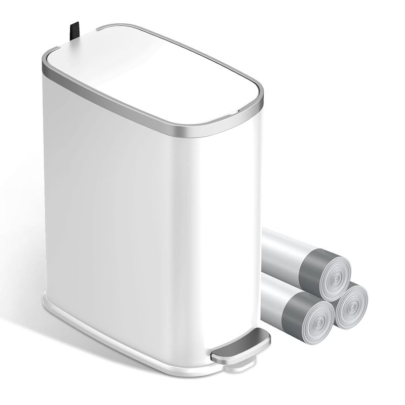 KUK Slim Bathroom Trash Can with Lid Soft Close, Step Pedal, 2.6 Gal/ 10L Stainless Steel Garbage Can with Removable Inner Bucket, Anti-Fingerprint Wastebasket for Office, Bedroom, Toilet (White) - Image 1